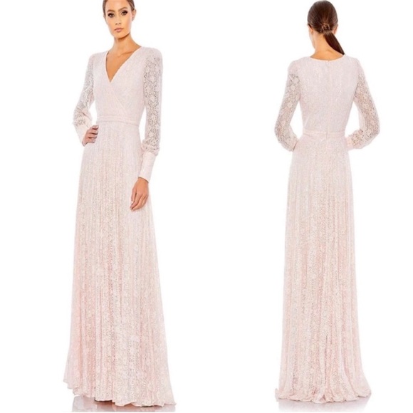 MAC DUGGAL 93679 Long Sleeve A Line Maxi Gown Dress Pink Lace Sequin 10 - Picture 1 of 10